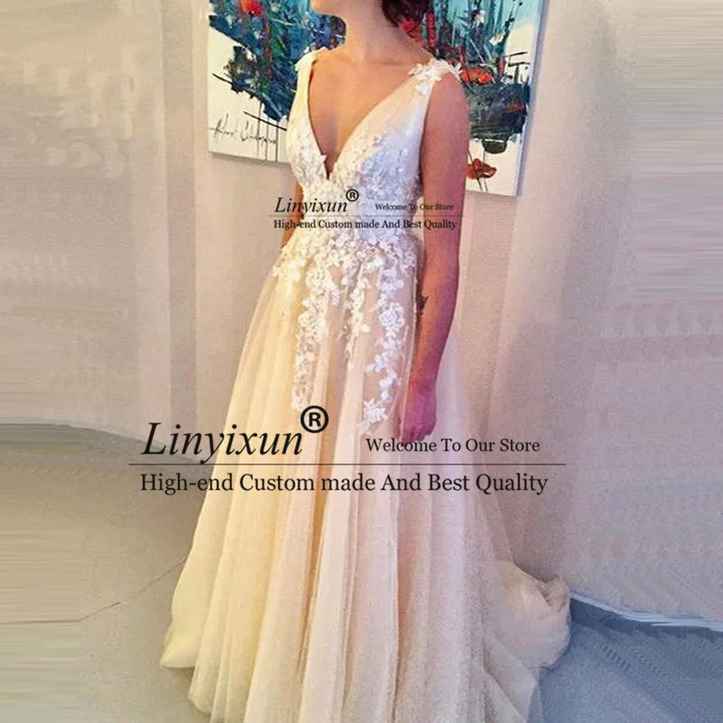 

Chiffon 2020 Prom Dresses Long V-neck Sleevelesss Floor Length Court Train Tulle Ivory Sexy gala jurken Long Evening Dress