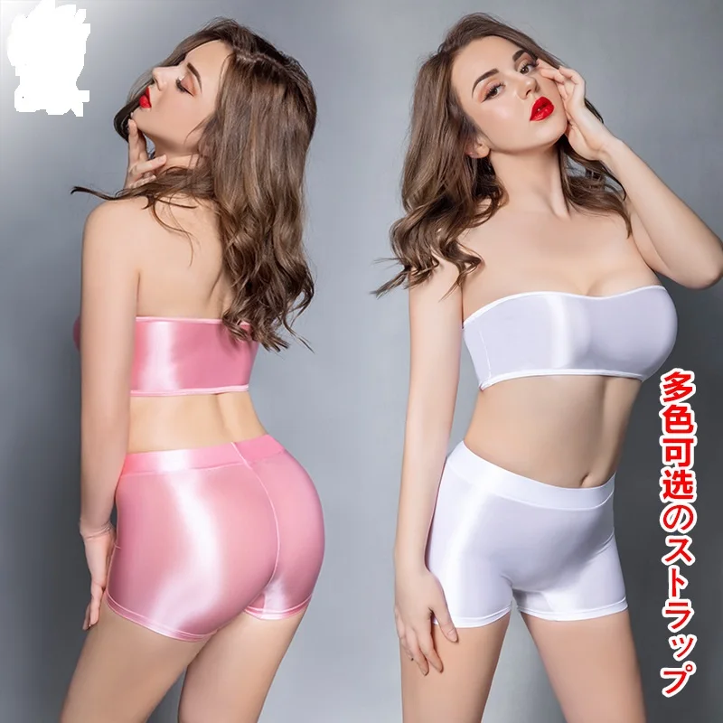 

Women 2 Piece Set High Elastic Glossy Tight Boxer Shorts Chest Wrap Corset Club Allure Bermuda Shorts Strapless Top Loungewear