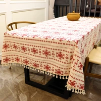 thickened white cotton linen table cloth tassel rectangular snowflake tablecloth for christmas home dinning table decoration