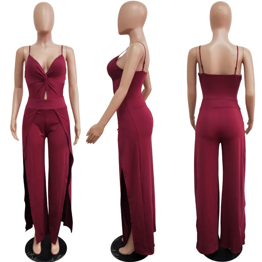 

Sexy Spaghetti Strap Elegant Rompers Womens Jumpsuit Sleeveless V-neck Draped Split Wide Leg Pants Night Party Club Overalls