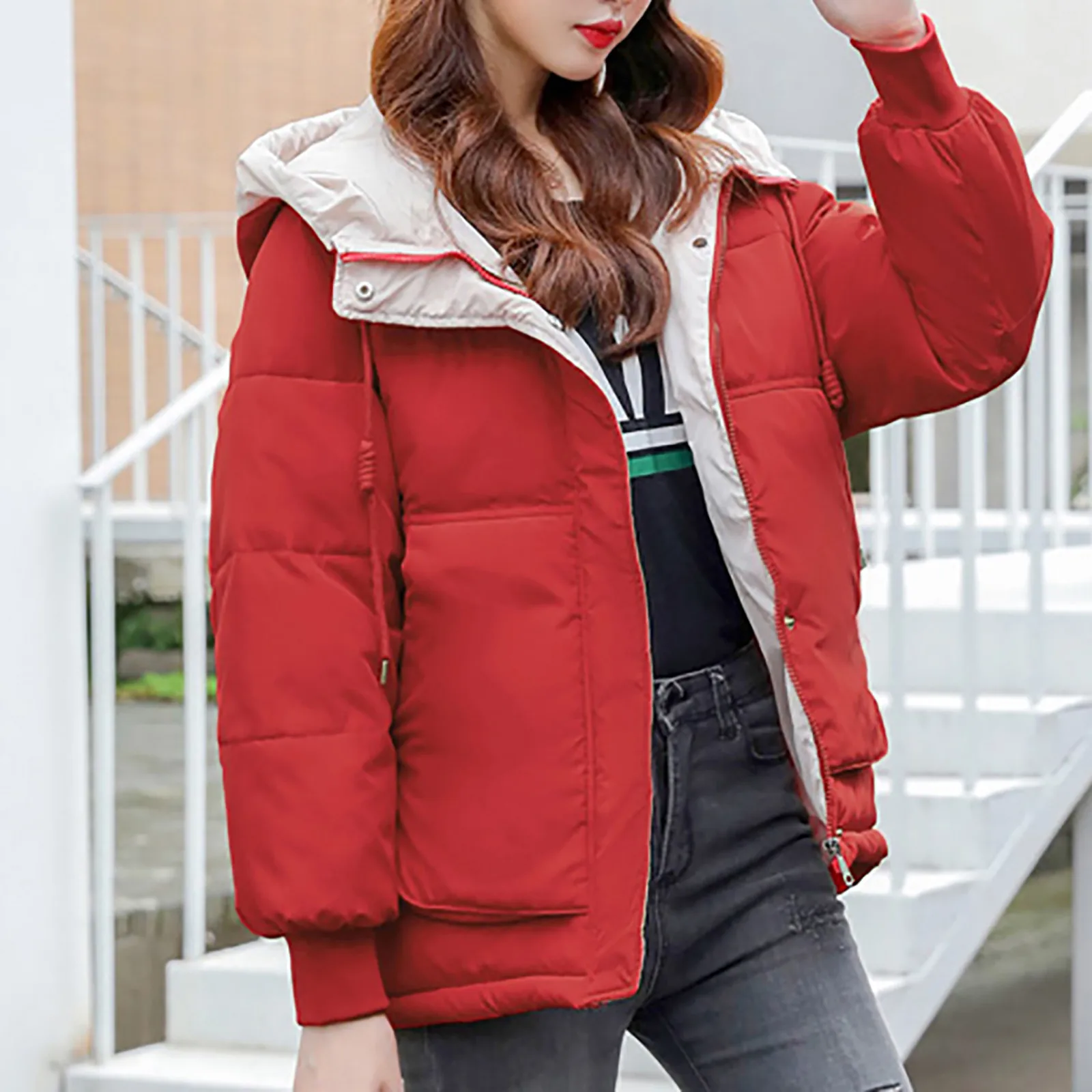 

Fashion Women's Winter Warm Short Bread Coat Long Sleeve Solid Colors Padded Parkas Zipper Thicken Hooded Jacket Outwear#g3