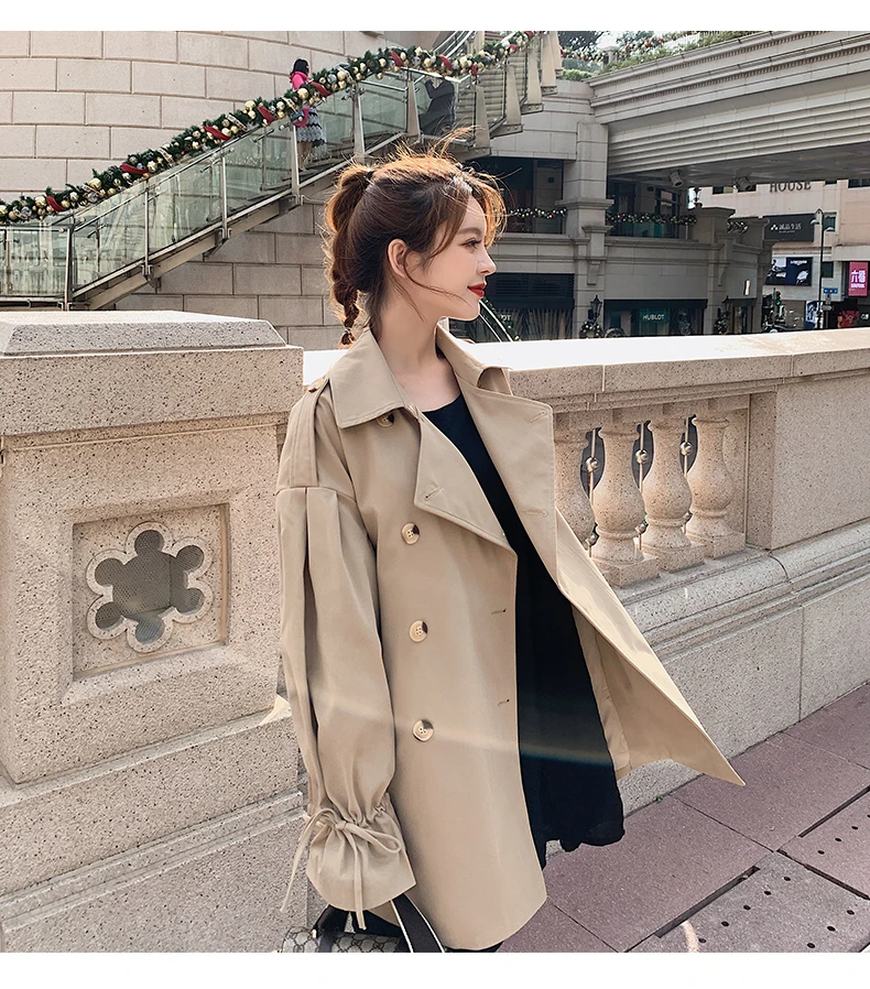 

Spring Autumn Double Breasted Trench Coat Korean Pink Bubble Coat Women Kawaii Jacket Abrigos Para Mujer Woman Windbreaker EH50T