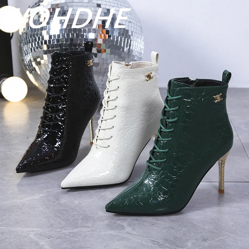 

WOHDHE Modern Boots Ankle Boot Red Sole Female Super High Thin Heel Pointed Toe Zip Lace-up Lady Sexy Solid Plush PU Winter Warm