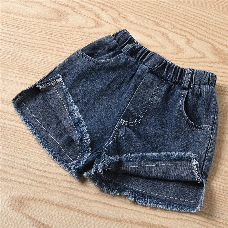 

Kids Girls Summer Clothes Set Fly Sleeve and Shorts Set Fashion Abstract Printing Round Neck T-shirt and Denim Shorts Pants