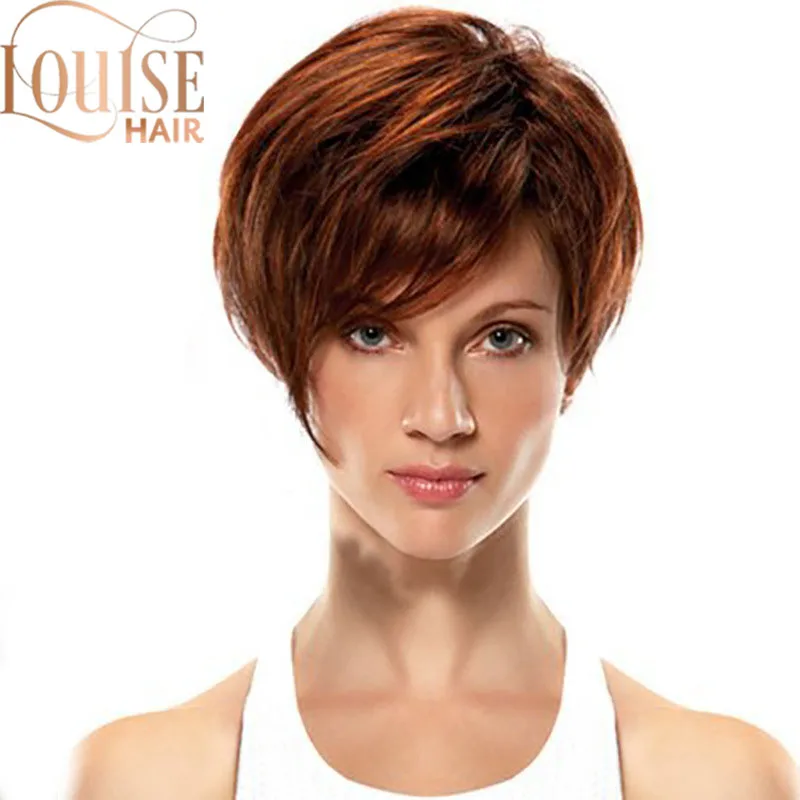 

Теплостойкие светильник-коричневые короткие женские парики Louise Hair с челкой, прямые волосы Красного, медного, коричневого цвета, 12 дюймов