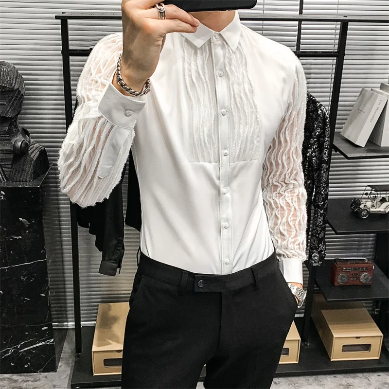 

Lace Hollow Shirts for Men Long Sleeve Slim Fit Streetwear Social Party Blouse Nightclub Singer Dj Clothing Camisas Para Hombre