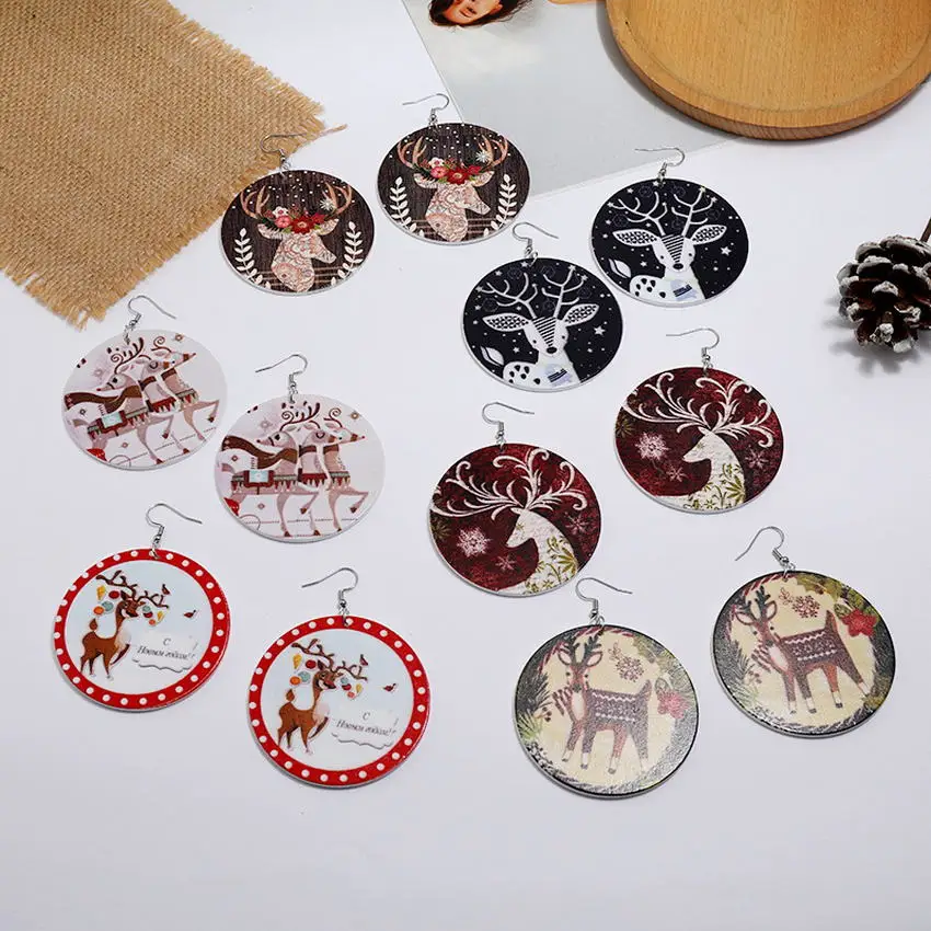 

2021 Newest Large Round Wood Christmas Earrings for Women Girls Cute Colored Merry Christmas Deer Santa Claus Print Wood Jewelry