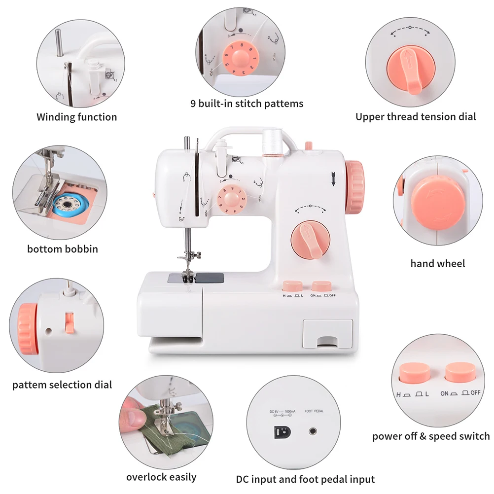 

Mini Sewing Machine Built-in Light Mending Machine Dual Speed Double Thread Stitching Electric Sewing Machine with Foot Pedal