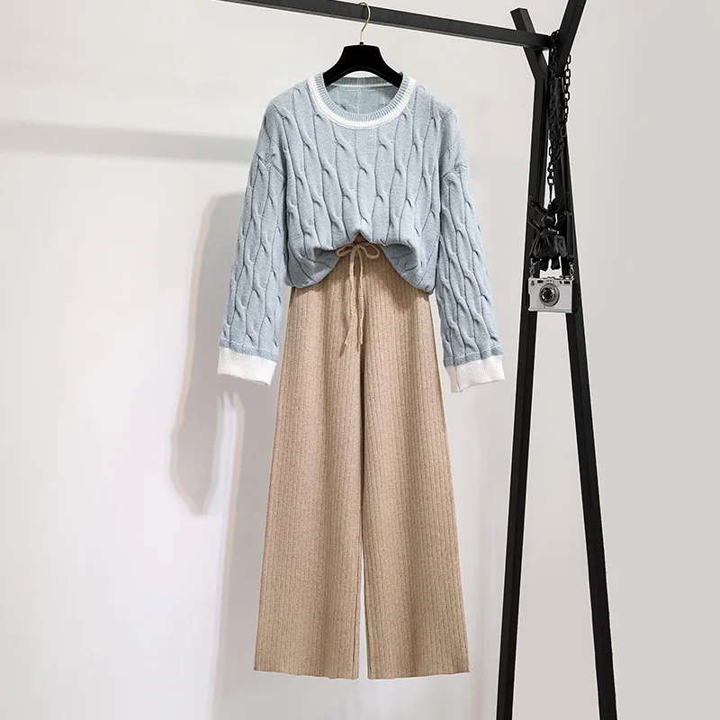 Свитер 2 предмета наряды для женщин костюм вязаный пуловер + широкие штаны и топы