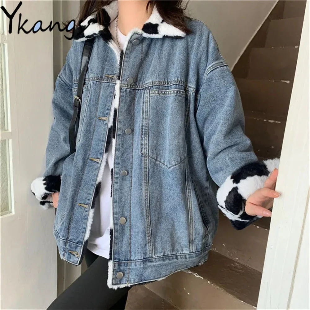 

Both Sides Wear Faux Rabbit Fur Checkerboard Blue Denim Coats Plus Thick Warm Autumn Winter Jean Jackets Harajuku Women Clothing