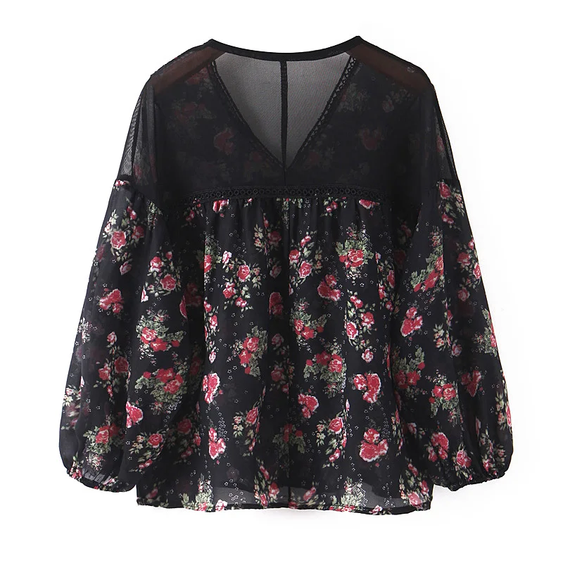 2019 za женские модные кружевные лоскутные рубашки с v-образным вырезом и принтом