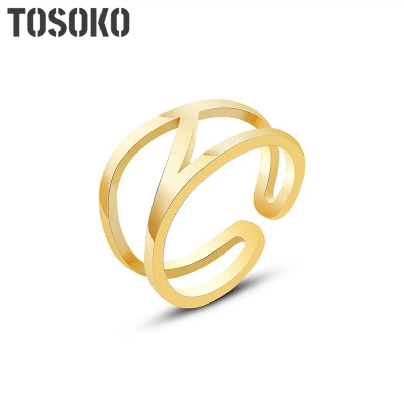 

TOSOKO Stainless Steel Jewelry Hollowed Out Geometric Opening Ring Plated 18 K Gold Women's Fashion Ring BSA266