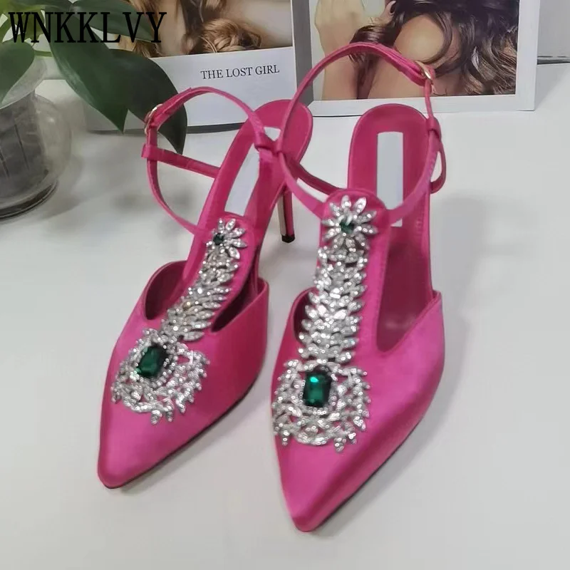 

Luxurious Rhinestone Sandals Women Pointed Toe thin High Heels summer new Crystal Slingback Pumps Sexy Party Wedding Shoes