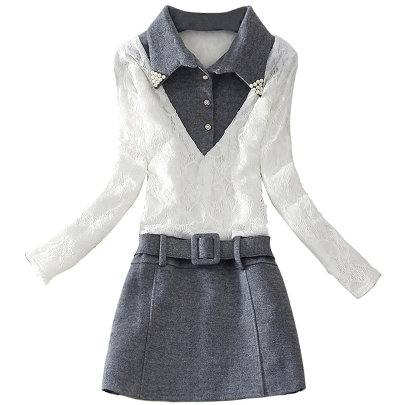 

korean Winter Warm Velvet Casual Women's Wool Dress Long Sleeve Lace girls Party Dresses Elegant bodycon Short Dresses Woman