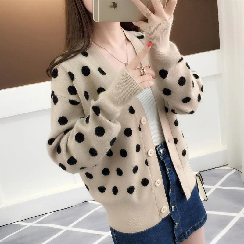 

Vintage Polka Dots Knitted Cardigans Women Casual Button up cropped Knitwear Tops Korean Style V-Neck Sweater Outerwear Female