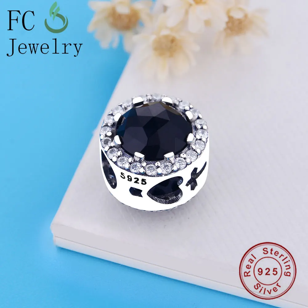 Шарм браслет из серебра 925 пробы с черным фианитом|Бусины| |