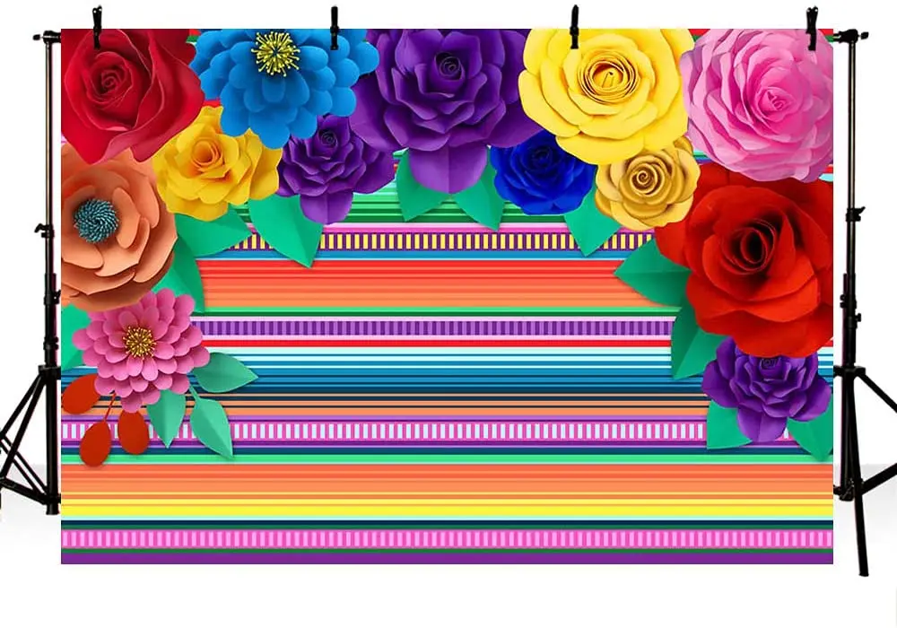 Mexican Theme Striped Paper Flowers Background Fiesta Cinco De Mayo Party Table Banner Photography Props Photo Booth Backdrop
