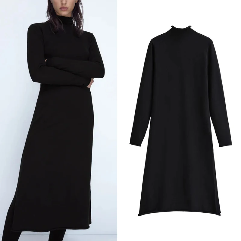 

Женское длинное платье-трапеция ZA, элегантное эластичное Повседневное платье-карандаш с разрезом сбоку и высоким воротником, осень 2021