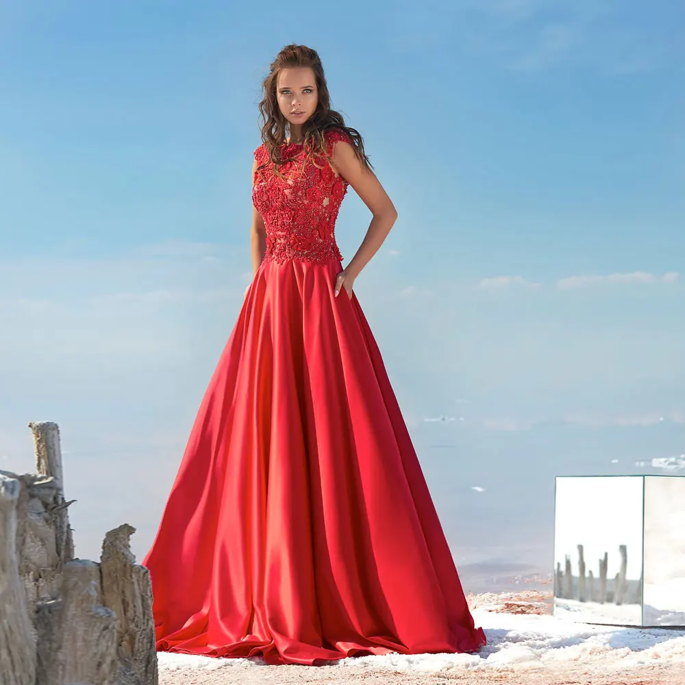 

Red A-line Sleeveless Applique Beading Zipper Open back Poretrait Jewel Sweep/Brush Floor length Evening Dresses Intricate