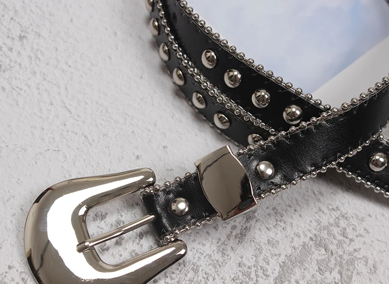 

High Quality Women Rivet Studded PU Waist Belts Women Vintage Metal Buckle Pin Waistband Punk DJ Jean Pant Leather Belt Strap