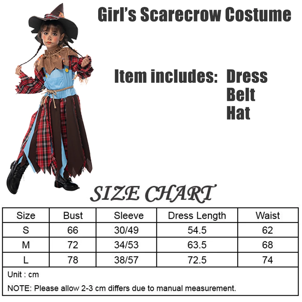 

Eraspooky Retro Scarecrow Cosplay Dress Girls Straw Man Hat Halloween Costume For Kids Christmas Party Stage Fancy Dress
