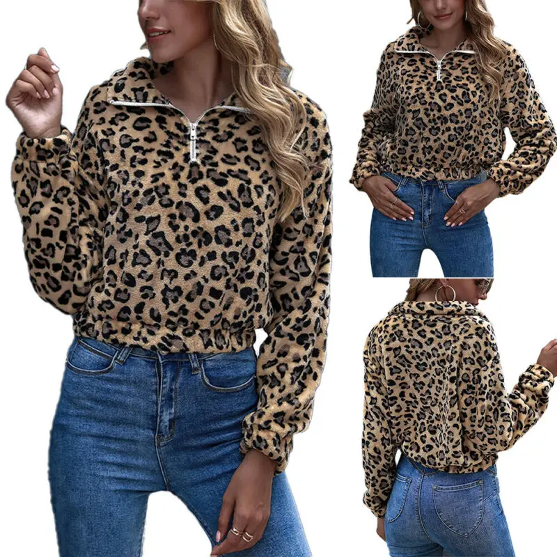 

Women Jumper Zipper Pullover Blouse Long Sleeve Leopard Print Casual Sweatshirt
