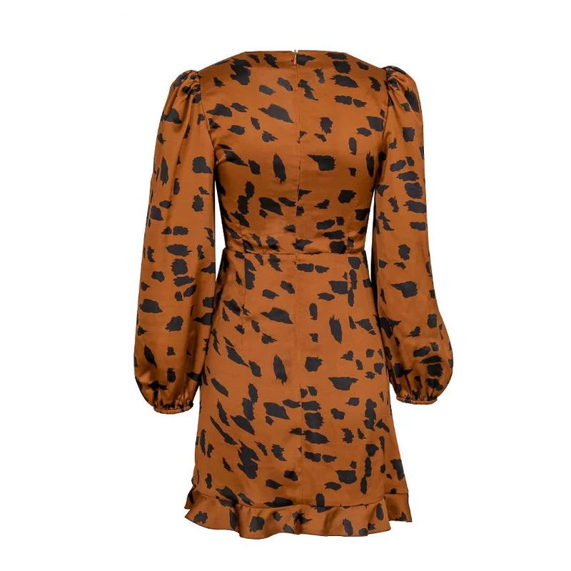 

Leopard Drawstring Bow Puff Long Sleeve Short Dress V-Neck Ruffled Mini Women Dress Hollow Out Sexy Party Dresses Autumn 2021