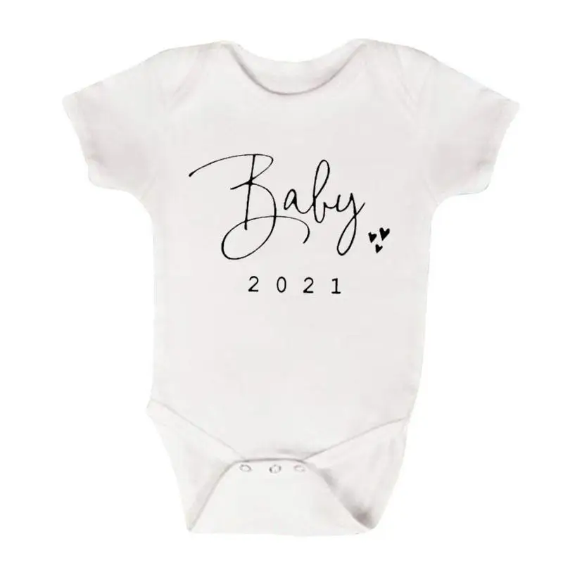 

2021 BABY English Letter Printing White Baby Cloth Cotton Polyester Round Neck Romper Short Sleeve Baby jumpsuit fashion