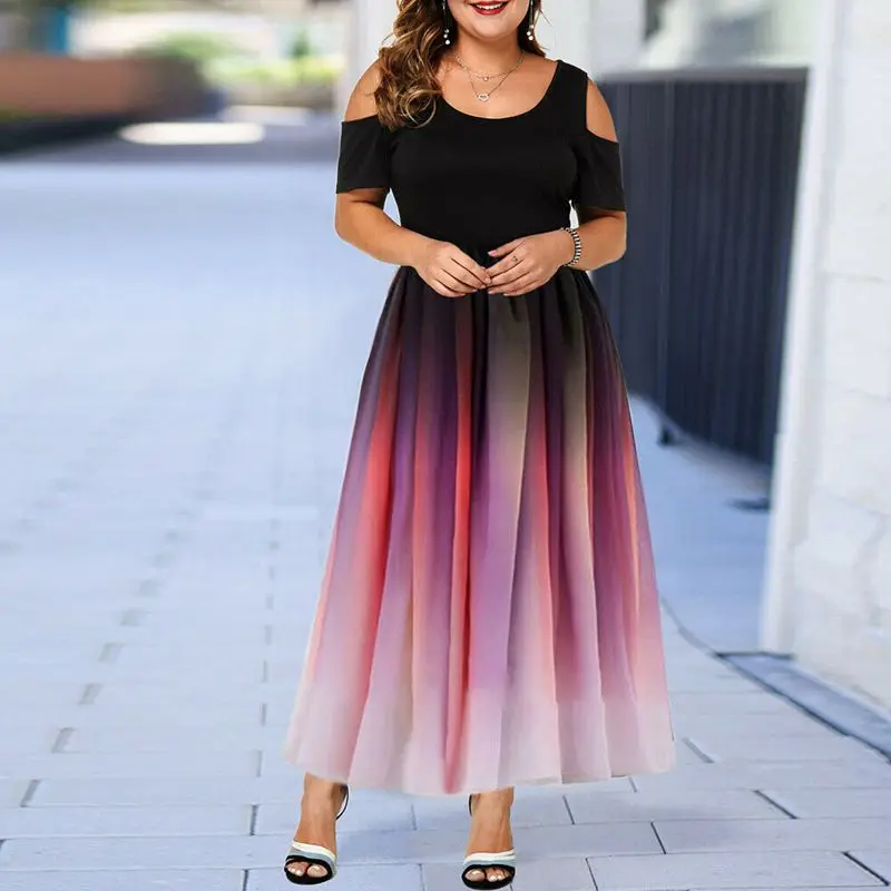 

New Large Size Dress 5XL 6XL 7XL 8XL Bust 135CM Fashion Women's Round Neck Short Sleeve Gradient Off Shoulder Sexy Dress