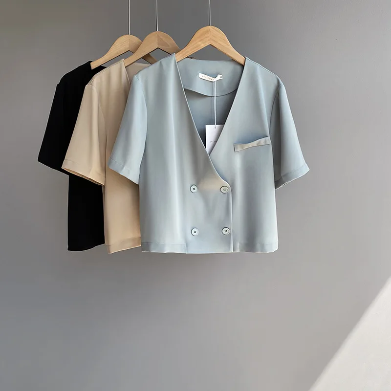 

Double Breasted Short Blazer Coat Women's 2021 Summer Thin Short Sleevestraight V-neck Top