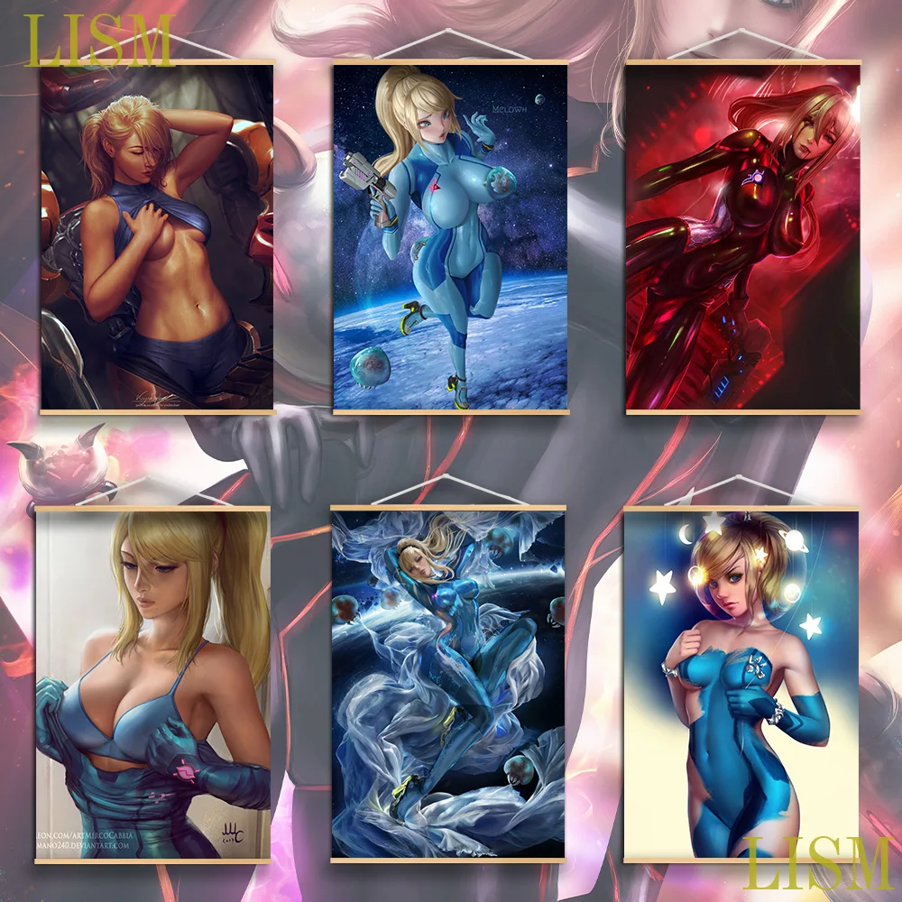 METROID Samus Aran аниме постер манга картина с твердой древесиной висячая прокрутка