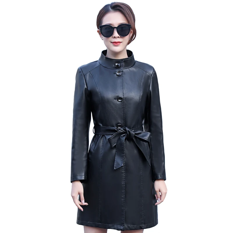 

Fashion Autumn Winter Leather Coat Women 2021 Women PU Leather Jacket Plus Cotton Windbreaker Long Ladies Leather Jacket Belt