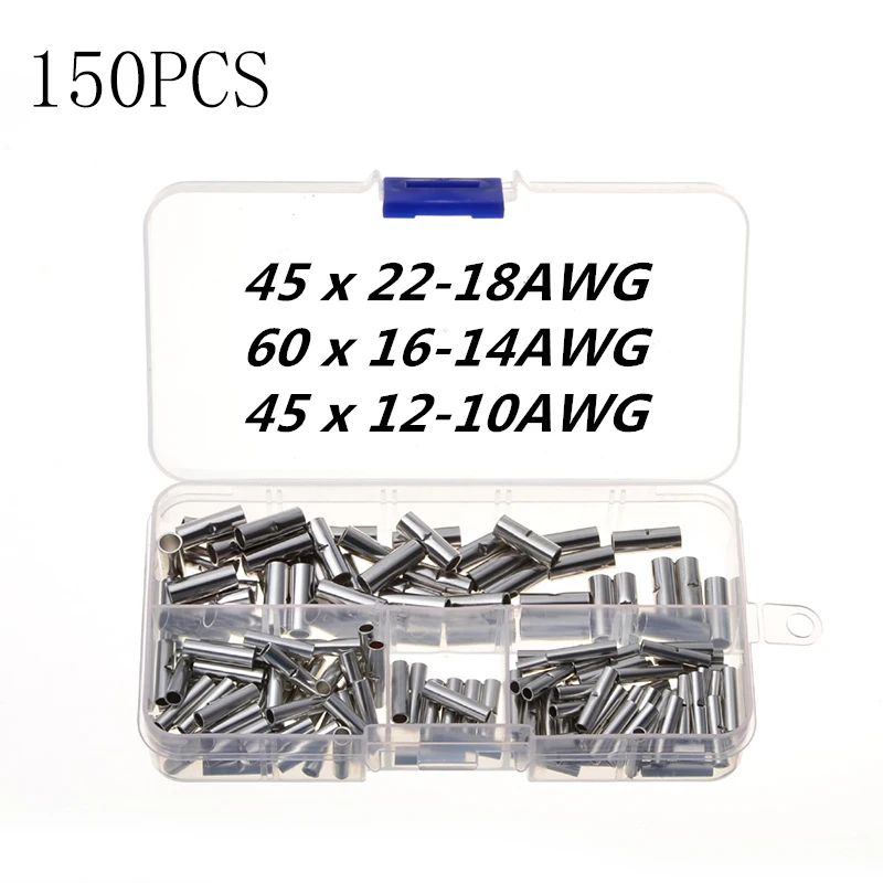 

600/150/100/50Pcs Butt Wire Connector AWG 22-10 Copper Tinned Splice Crimp Terminal Sleeve Bare Terminals Crimping Connector Kit