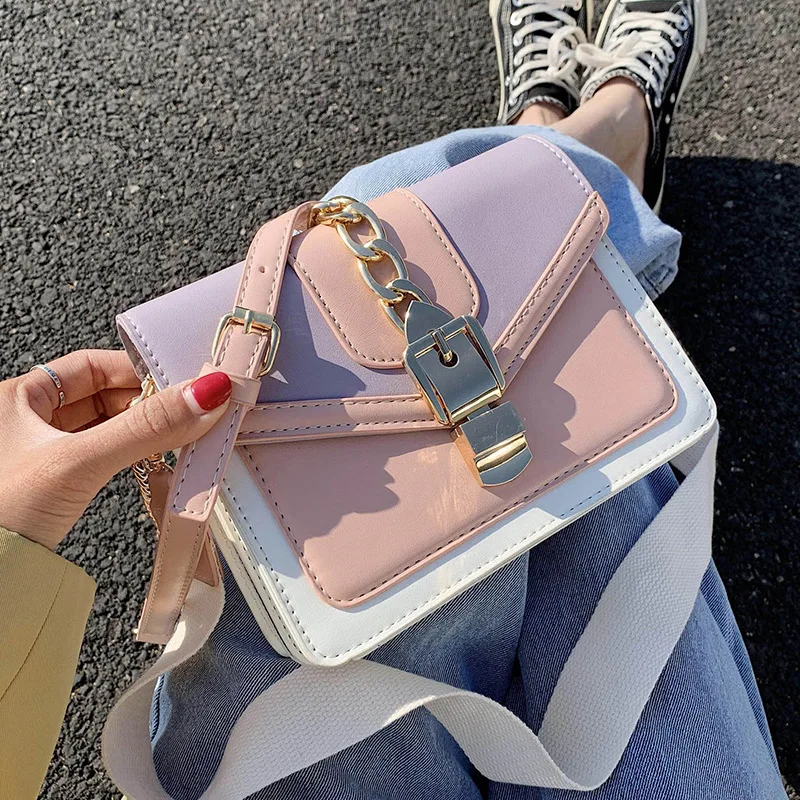 

Fashion chain lady Sling bag Panelled color PU Leather Crossbody Bag For Women 2020 new Wide strap Shoulder Messenger Bag Ladies