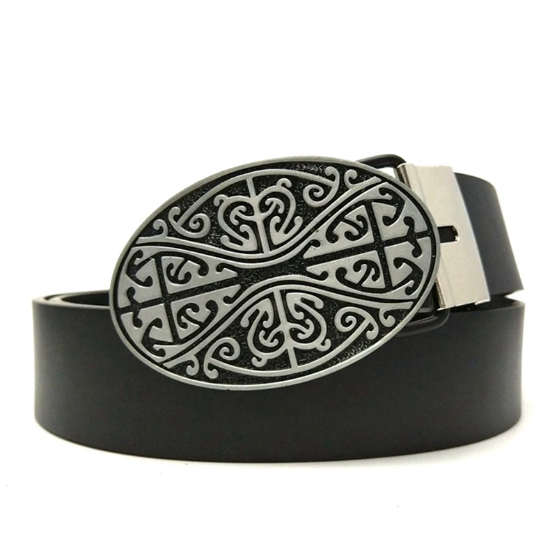 Black PU Leather Casual Men Waist Hip Belts with Western Flower Oval Metal Buckle Fashion Cowboy Accessories Cool Male Gifts