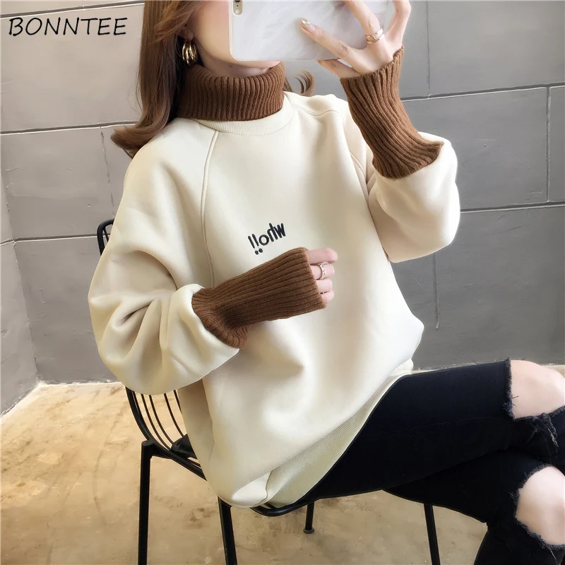 Женские толстовки с высоким воротом зимние плотные теплые худи в Корейском стиле