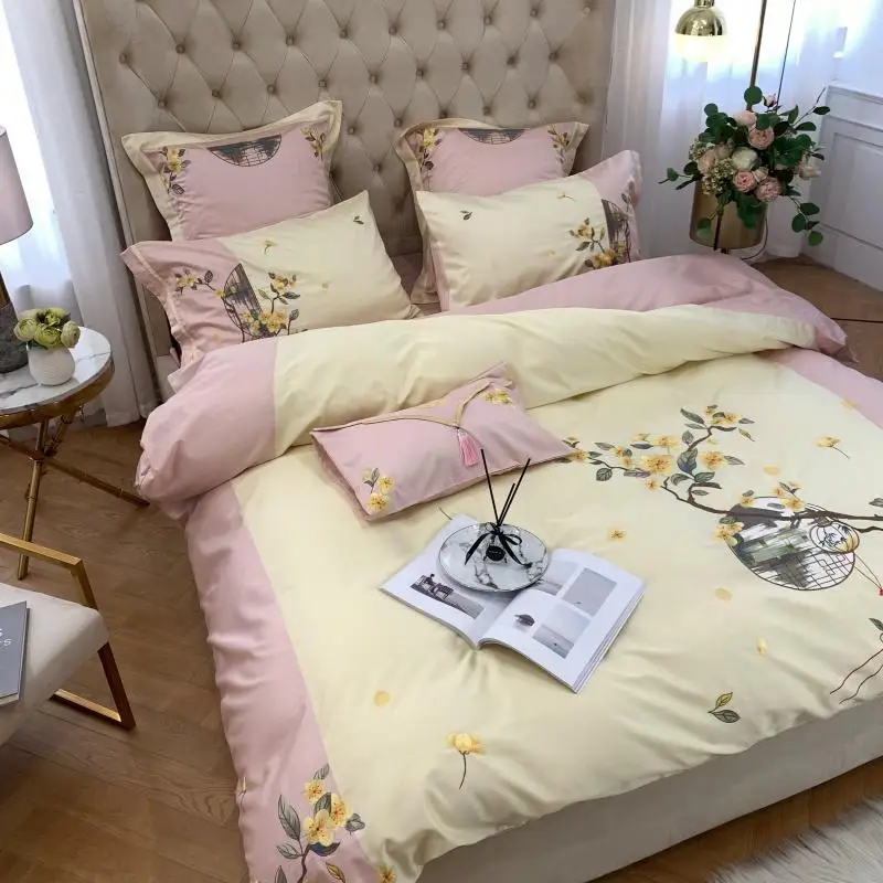 

Yellow Bedding Set Embroidery Duvet cover set Long-staple cotton Pillowcases Queen King Size Bed Bed Linen 4pcs 2020 new