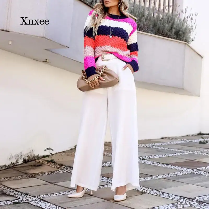 Женский трикотажный пуловер в полоску Свободный с круглым вырезом и длинным