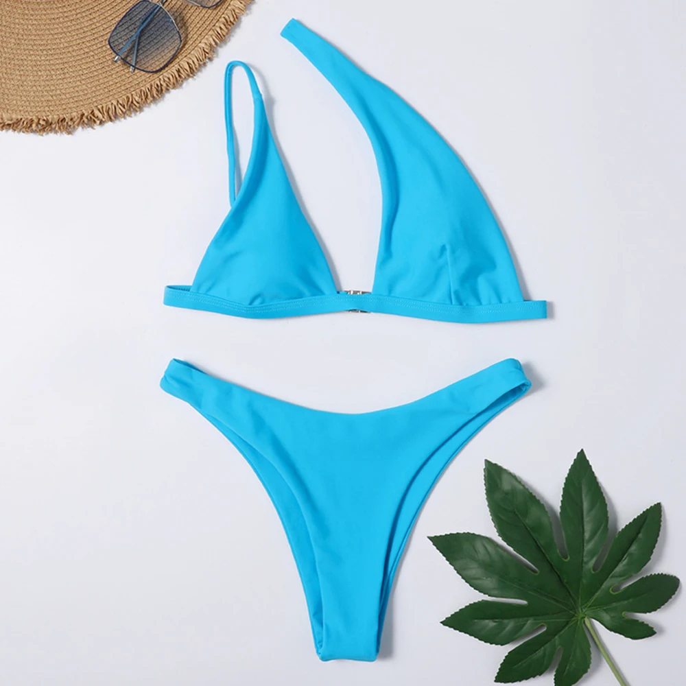 

2021 New Solid Color Bikini Swimwear Women Swimsuit Sexy One Shoulder Bikini Set Hollow Out Bathing Suit Summer Beach Wear Swim