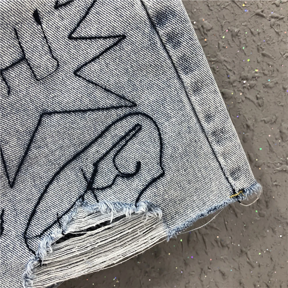 

summer embroidery graffiti denim shorts women plus size 4xl 5xl oversized fashion streetwear letter ripped ladies short jeans