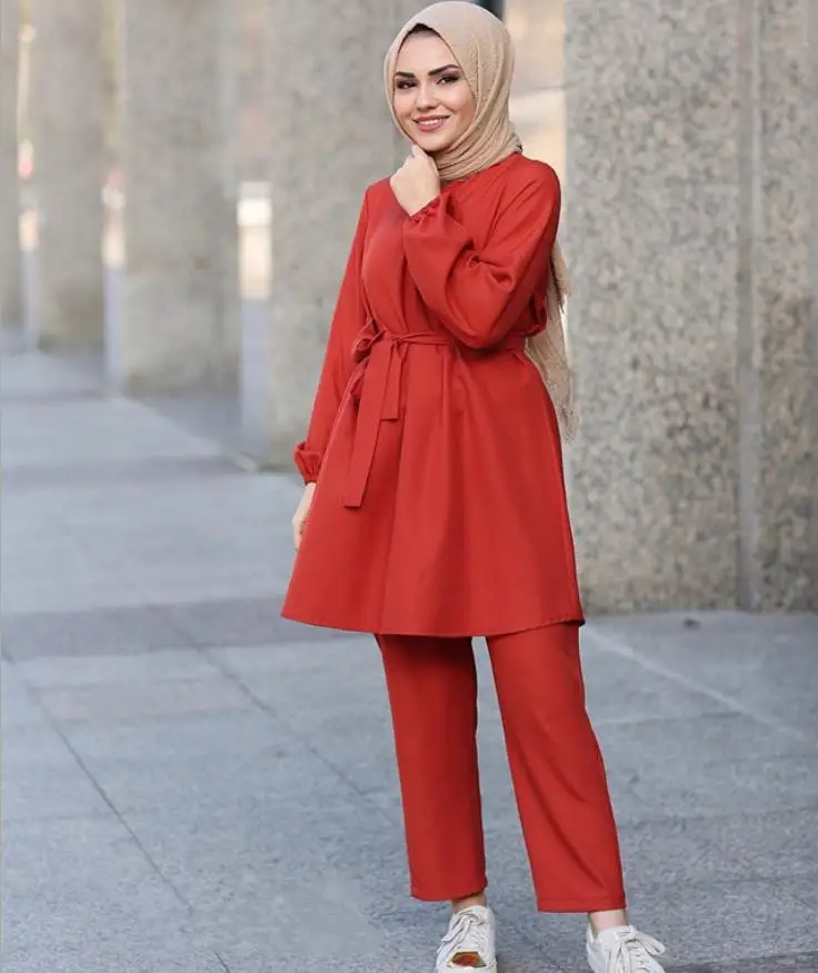 

2 Pieces Dubai Muslim lace-up tops and pants suits female kaftan Oman Turkish Hijab Muslim islamic dress ramadan