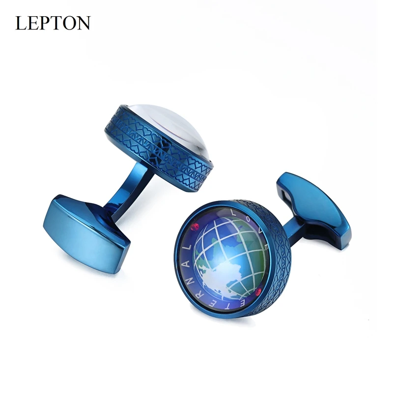 Lepton Globe Earth Cufflinks Blue Colors Stainless steel Rotatable globe planet earth World Map Cuff links Wedding For Mens