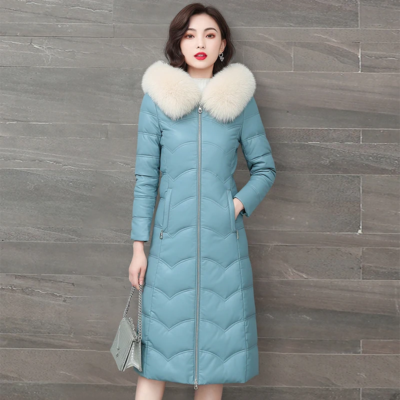 New Women Leather Down Coat Autumn Winter 2022 Fashion Soft Real Fox Fur Collar Hooded Solid Slim Long Sheepskin Down Jacket
