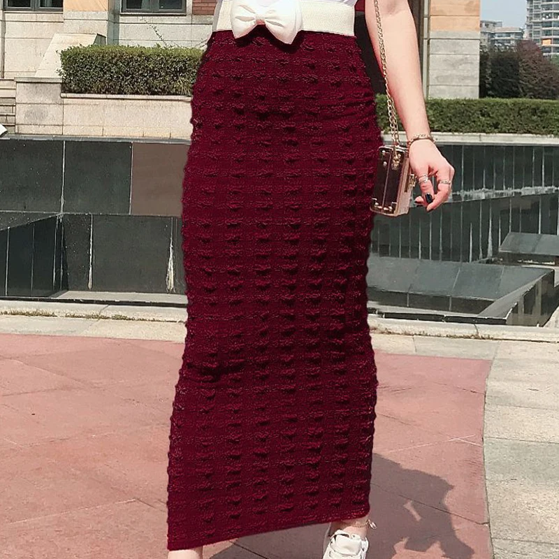 Burgundy Skirt Siskakia, макси юбка, модная, бесшовная, супер эластичная, Вязанная, облегающая, юбка-карандаш, длиной до щиколотки, Осень-зима, мусульманская одежда, новинка - Цвет: Burgundy Skirt