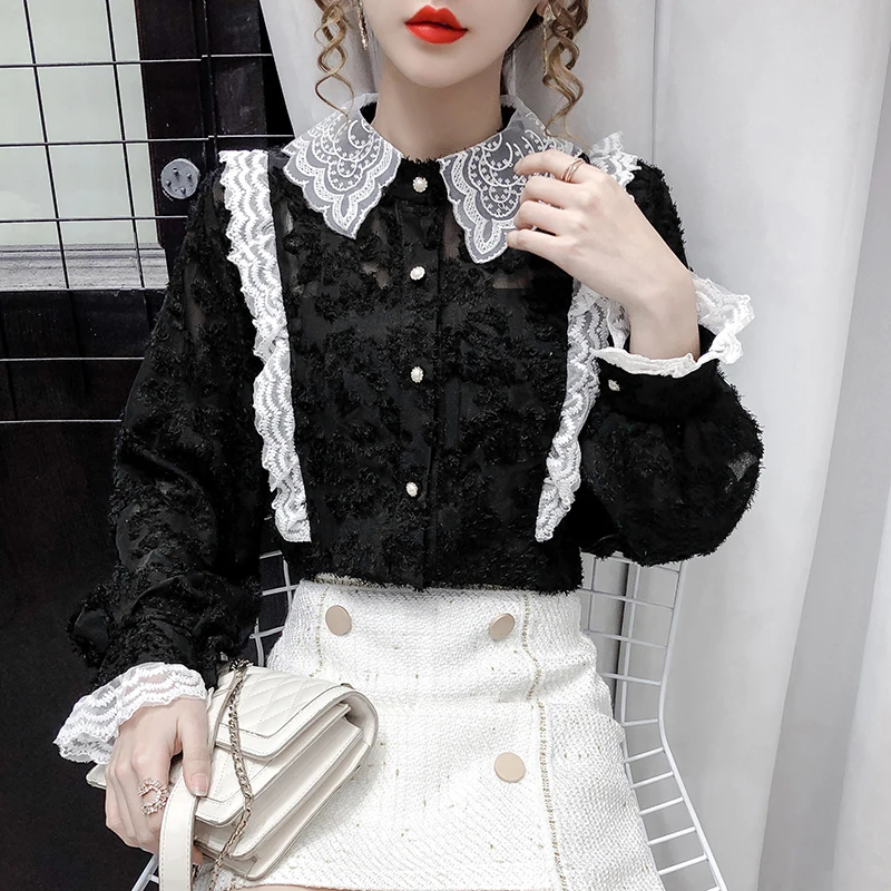 

2021 Autumn Winter Women Lace Bottoming Shirt Female Long Sleeve Loose Tops Warm Bluoses