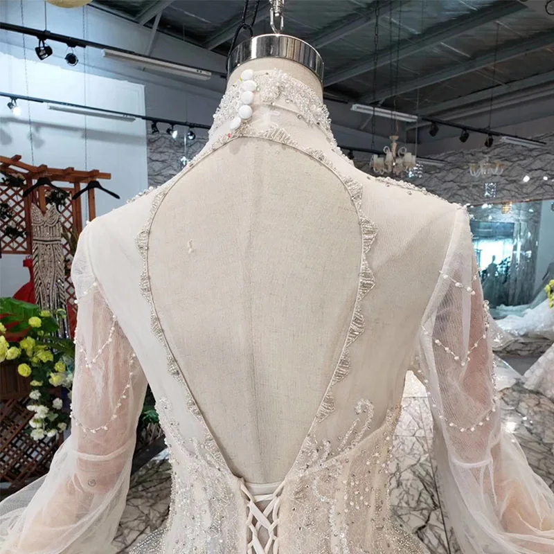 Sample Luxury 180cm Royal Train Bead Crystal Sequin Lace Bridal Gown Tulle Long Sleeves High Neck Wedding Dress vestido de novia