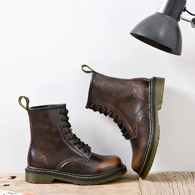 Женские ботинки модные женские с высоким берцем кожаная обувь на низком каблуке