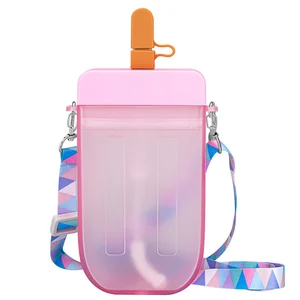 300ml Cute Water Bottles with Straws and Lanyard Creative Ice Cream Popsicle ShapeJuice Drinking Bot