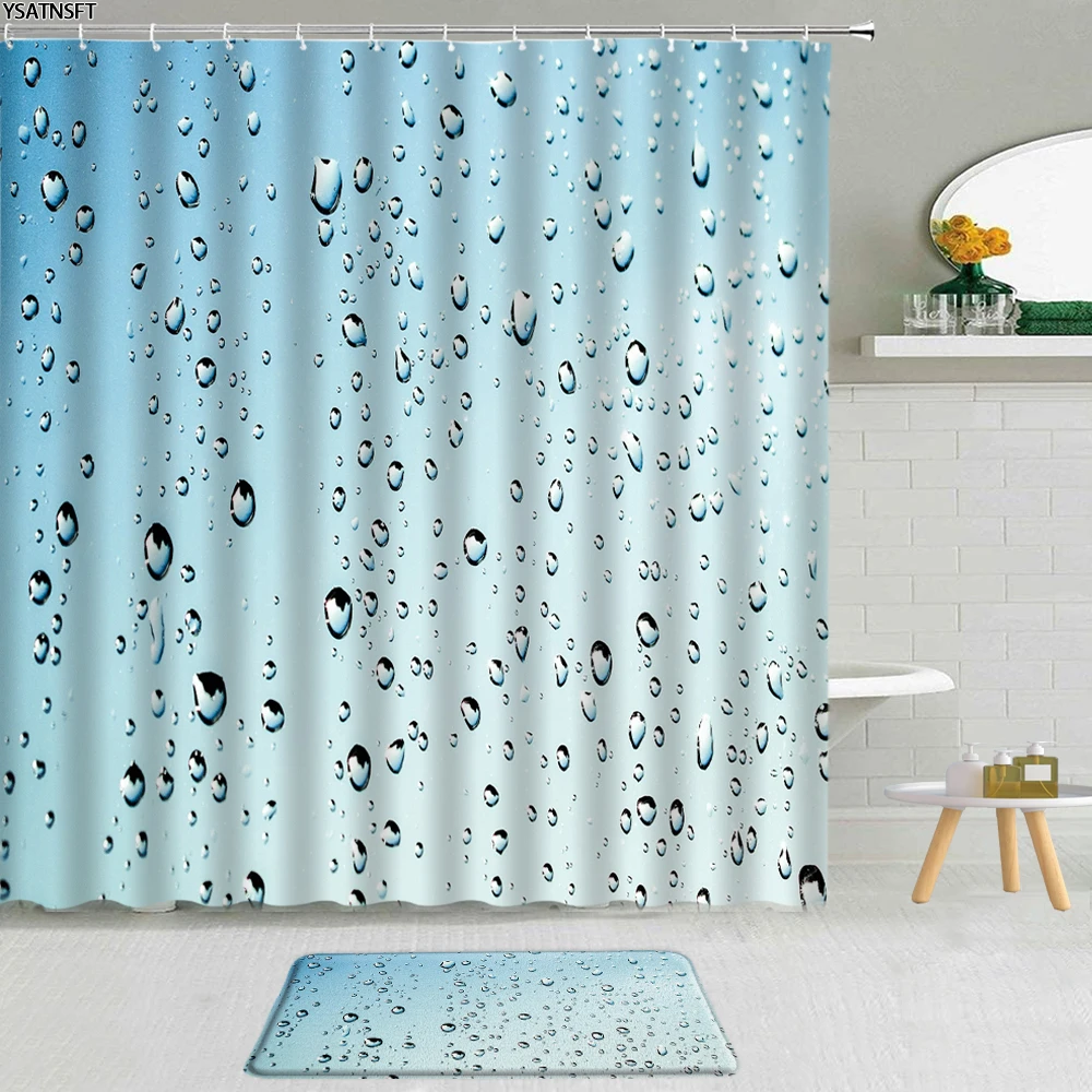

2Pcs Water Drop Creative Pattern Shower Curtain Raindrop Bubble Blue Background Bathroom Decor Non-Slip Bath Mat Curtains Set