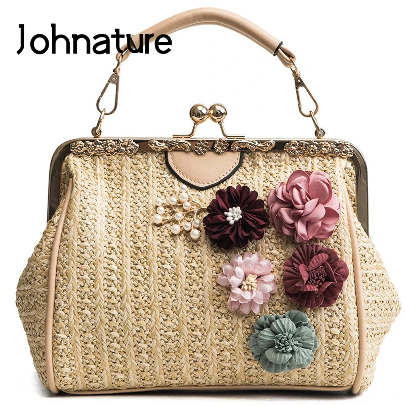 Женская Соломенная Сумка с аппликацией Johnature однотонная Повседневная плетеная
